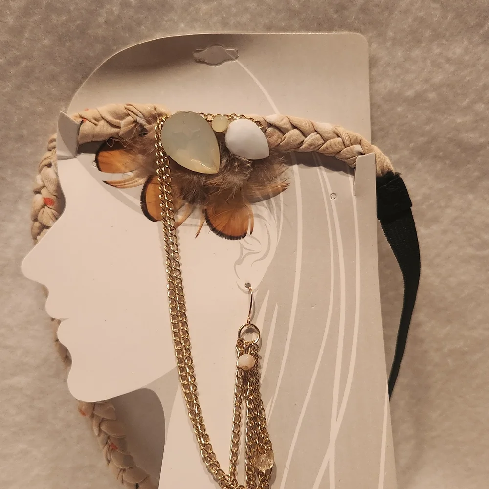 Bohemian Braided Headband with Feather, Chain and Matching Earring Standout Look